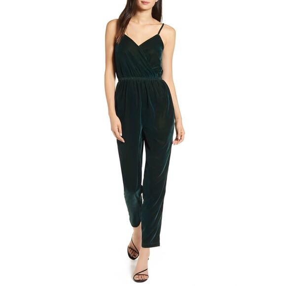 Pants - Cupcakes and Cashmere Deep Green Velvet Wrap Front Jumpsuit size Small